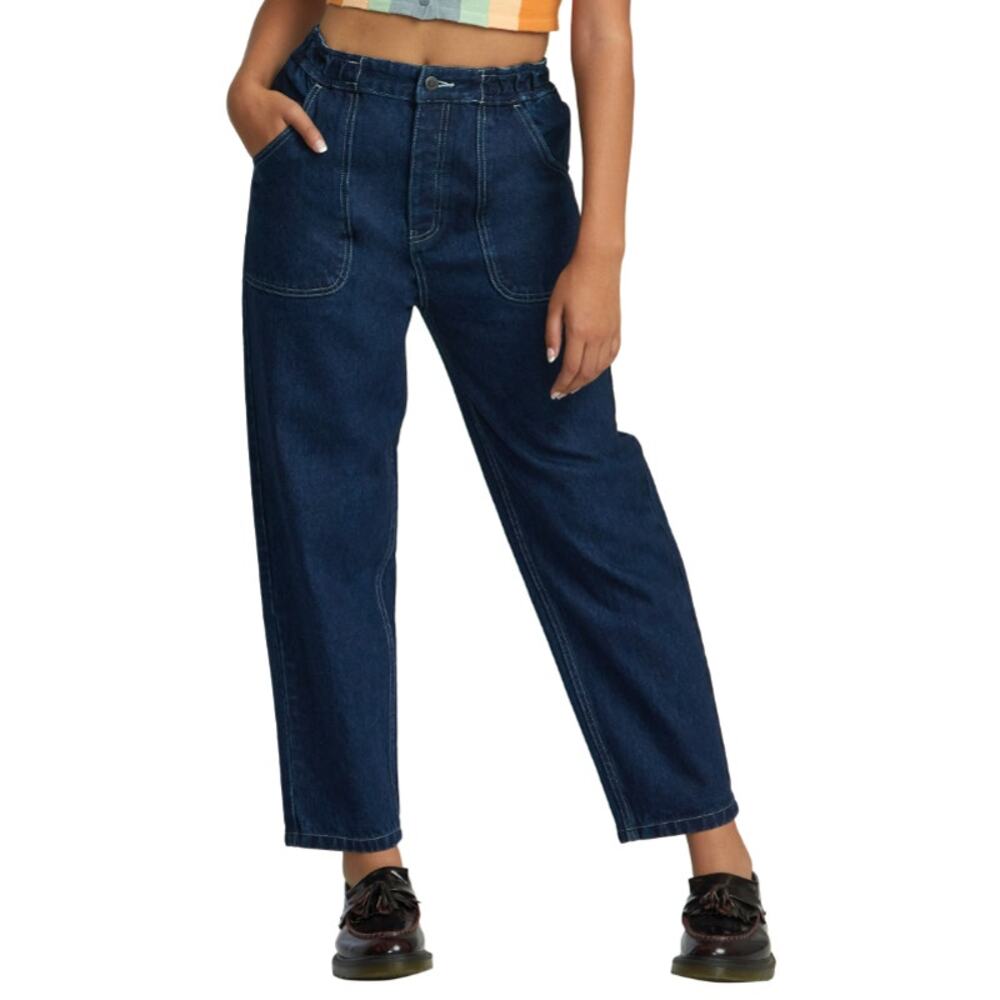 RVCA Jeans WMNS Dark Indigo Cotton High Rise Elastic Baggy Scrunchie Denim SZ S